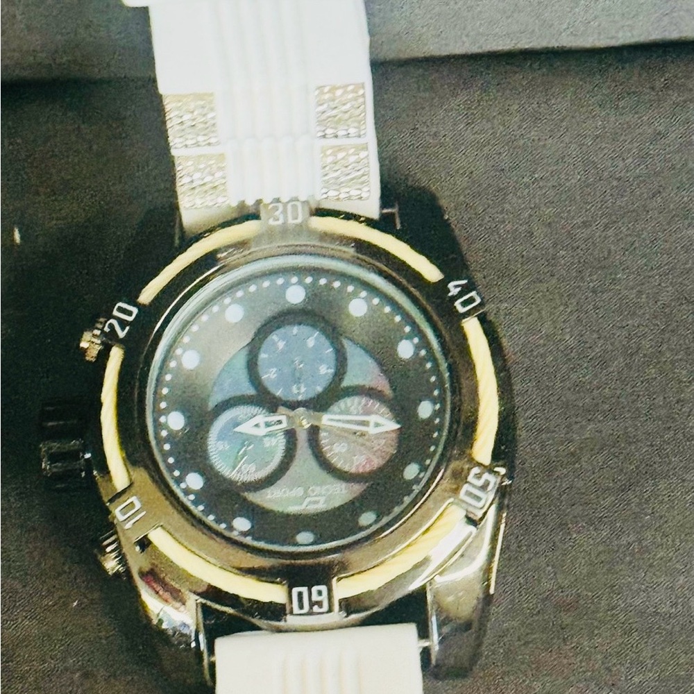 White Strap Sport Watch with Black & Gold Case - Picture 3 of 12
